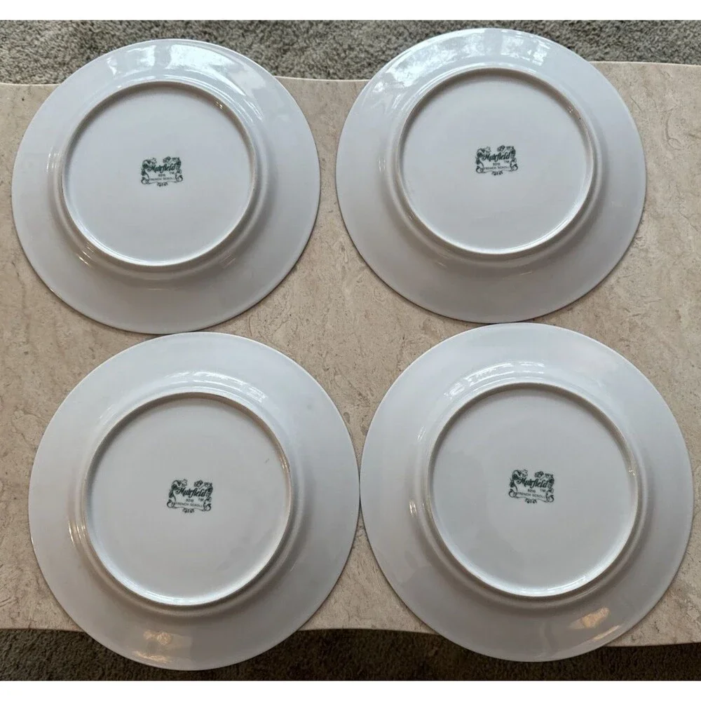 Lot Of 4 Muirfield French Scroll 9210 Dinner Plates Vintage 1990s Gold Rim EUC